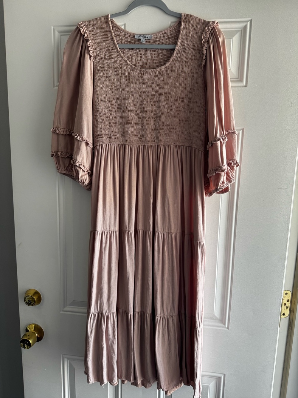 Polagram Blush Pink Smocked Tiered Midi with Puff Sleeves